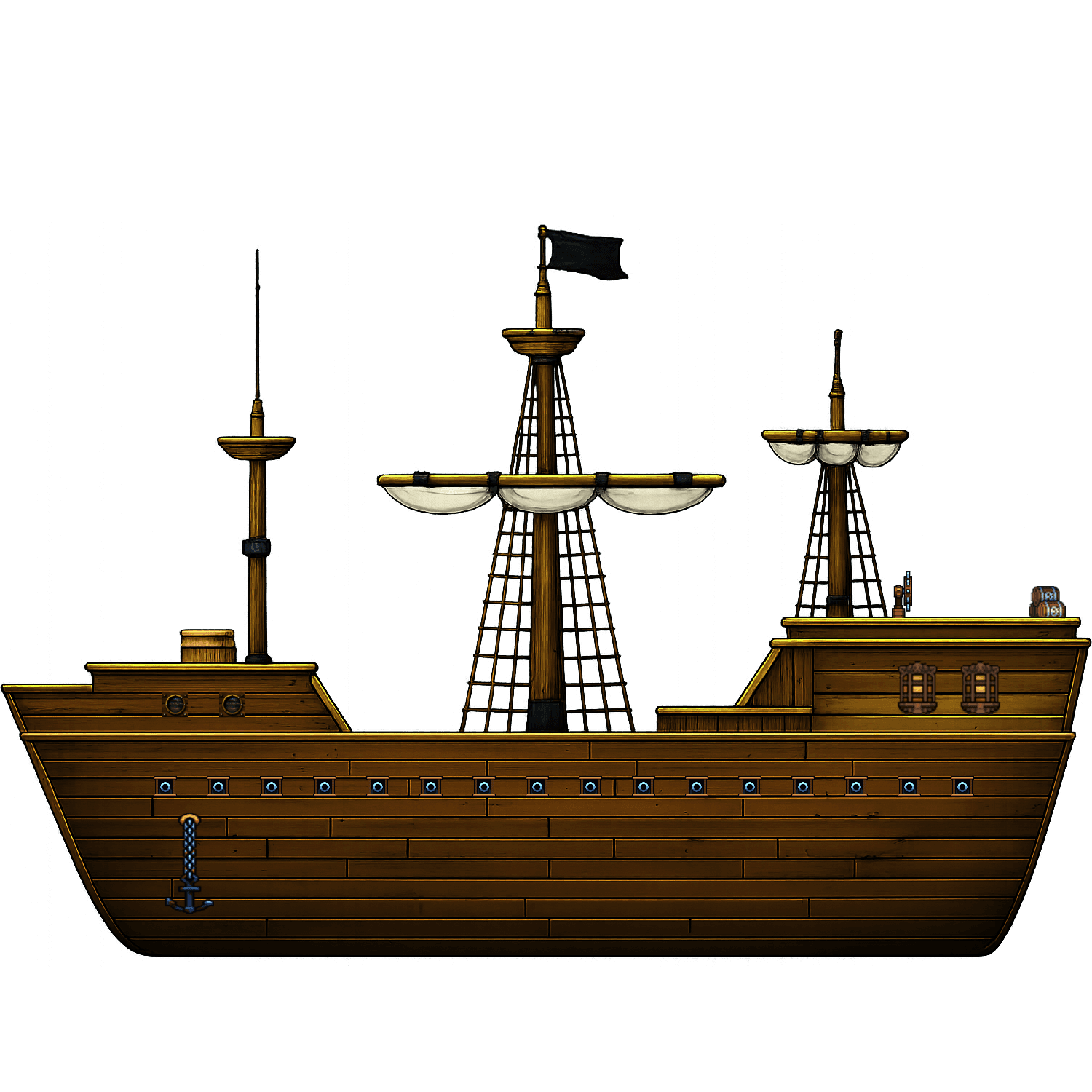 A pirate ship sailing across dark water