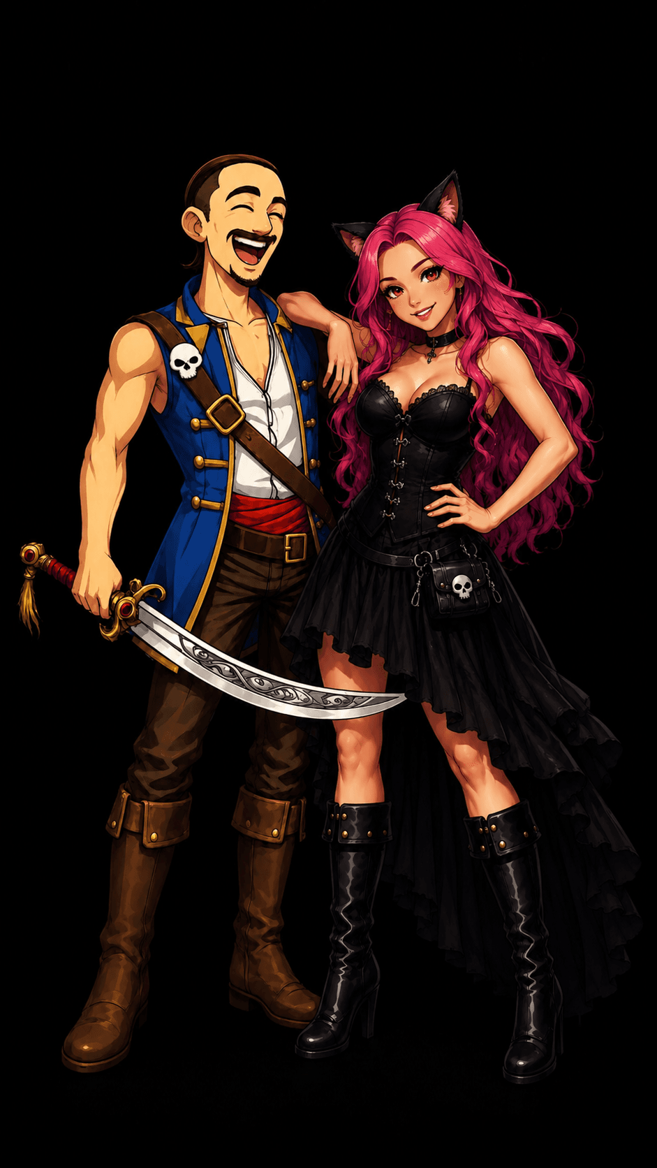Cartoon pirate versions of Tabzy and Kitty