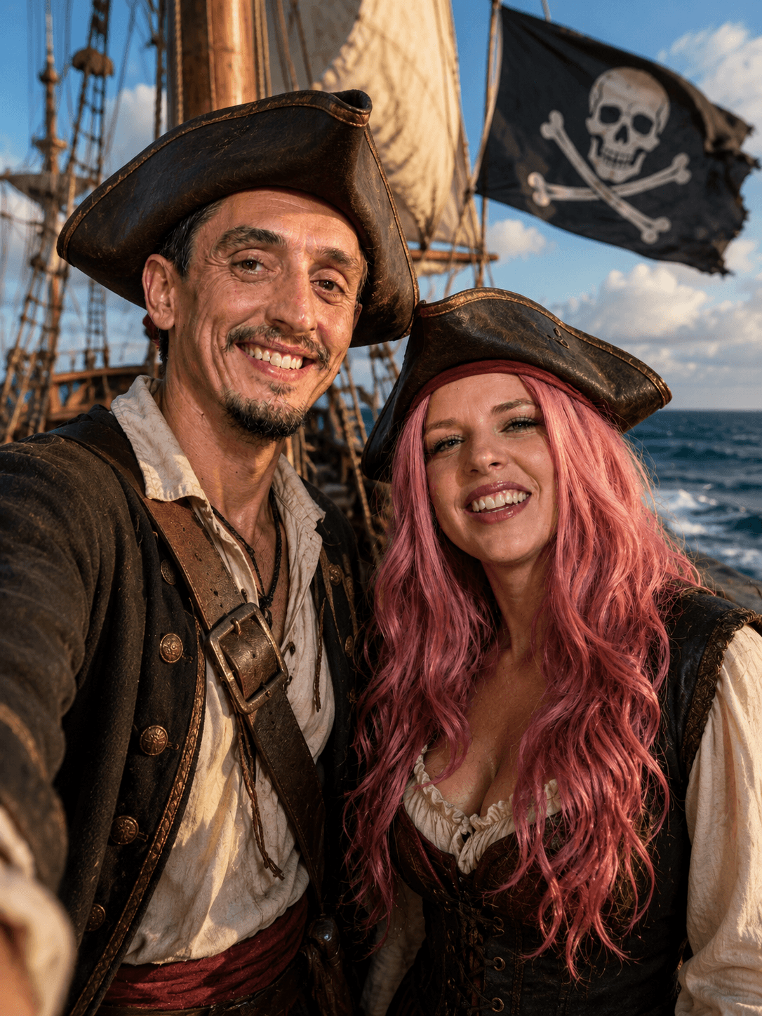 Tabzy and Kitty in pirate costume aboard a real ship
