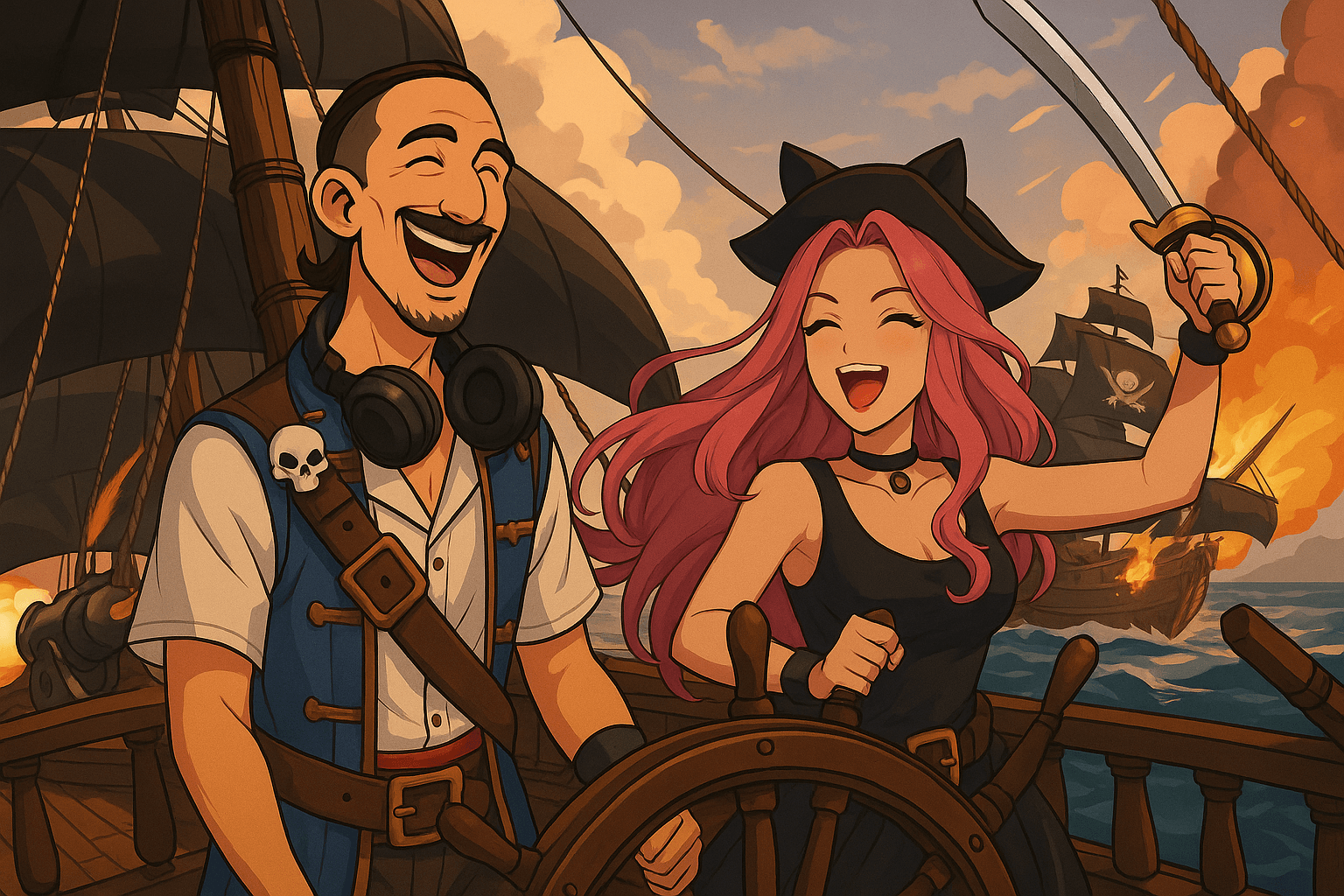 Tabzy and Kitty commanding the ship together