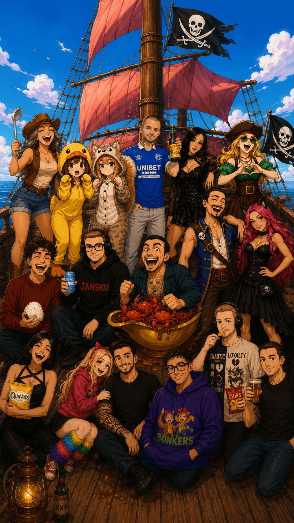 The crew gathered together on the ship's deck